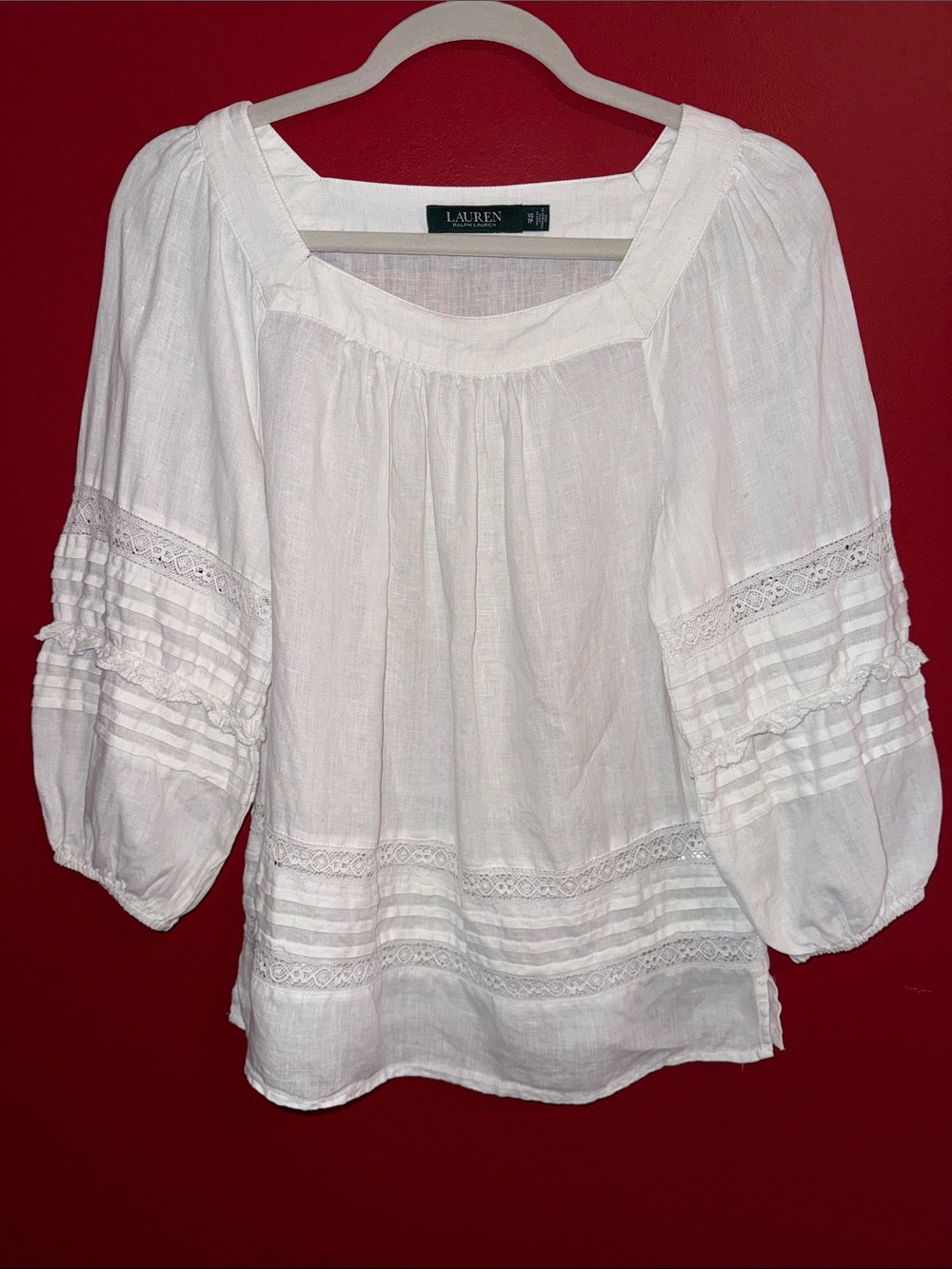 Lauren Ralph Lauren White Linen Cottagecore Blouse w/ Balloon Sleeves Sz XS